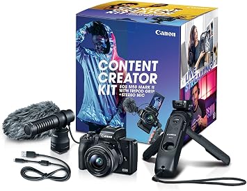 Canon EOS M50 Mark II Content Creator Kit, Mirrorless 4K Vlogging Camera Kit Includes EF-M 15-45mm Lens, Tripod Grip, Stereo Microphone Black