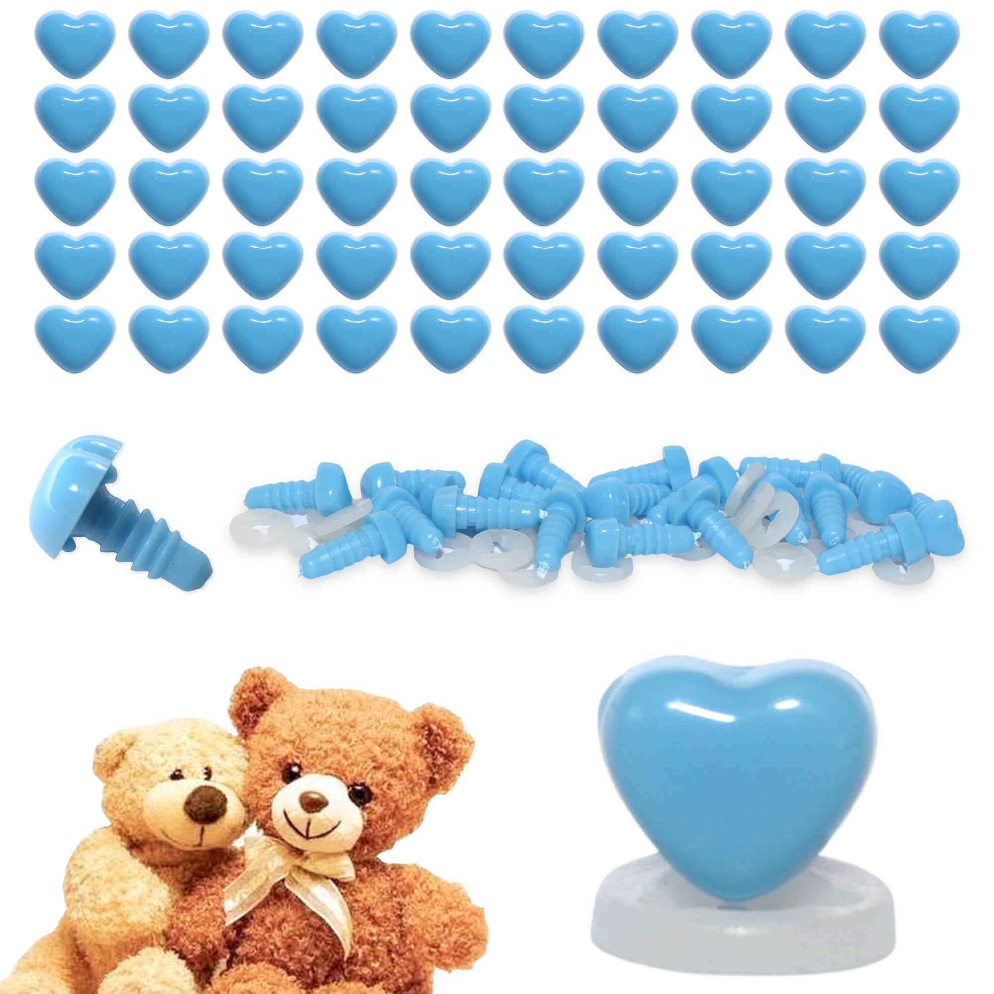 celloexpress 8mm x 7mm Deep Sky Blue Heart Noses with Plastic Backs - Safety Noses for Soft Toy Teddy Bear Animal Making (Pack of 50)
