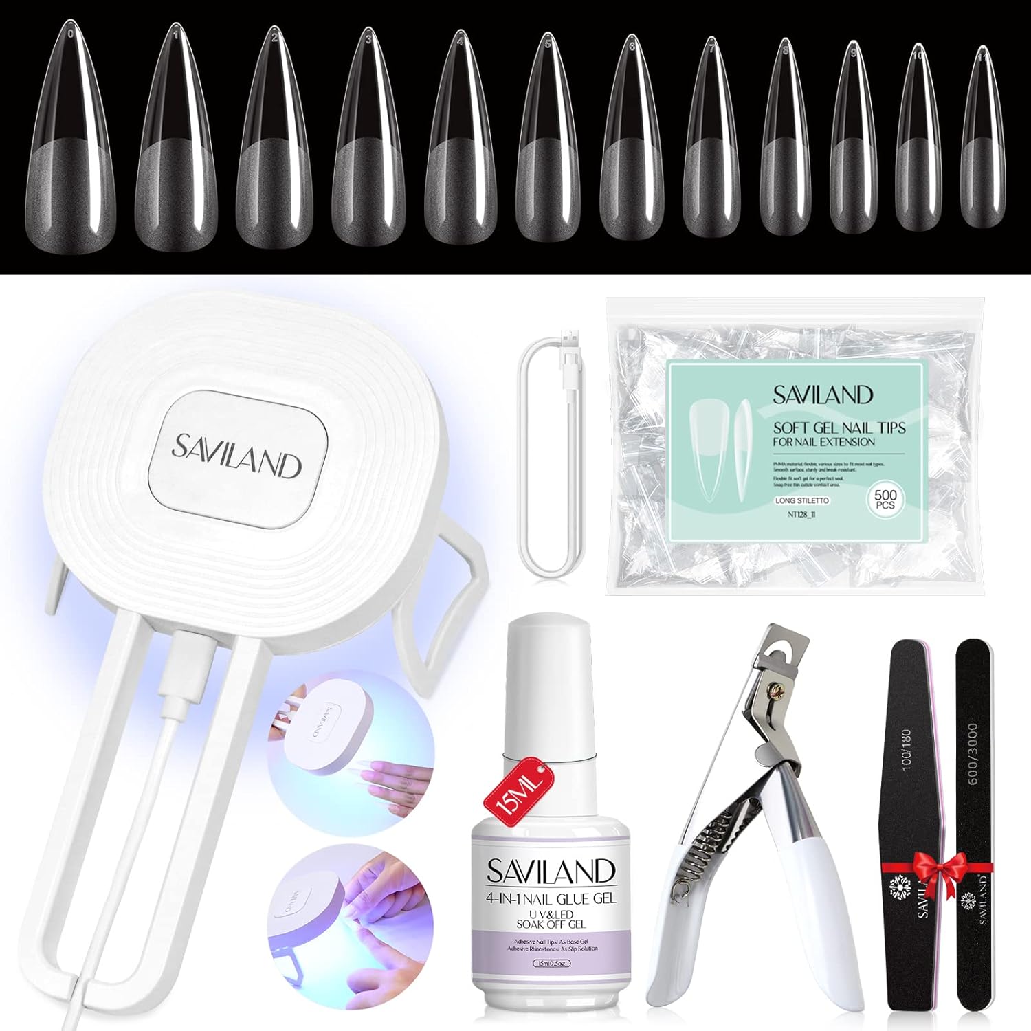 SAVILAND Gel Nail Kit with Curing Lamp: 500 pcs Stiletto Nail Tips 4 In 1 Glue Gels with Medium Stiletto Gel Nails Tip and Curing Lamp Acrylic Nails Art DIY Manicure Home Salon Gift