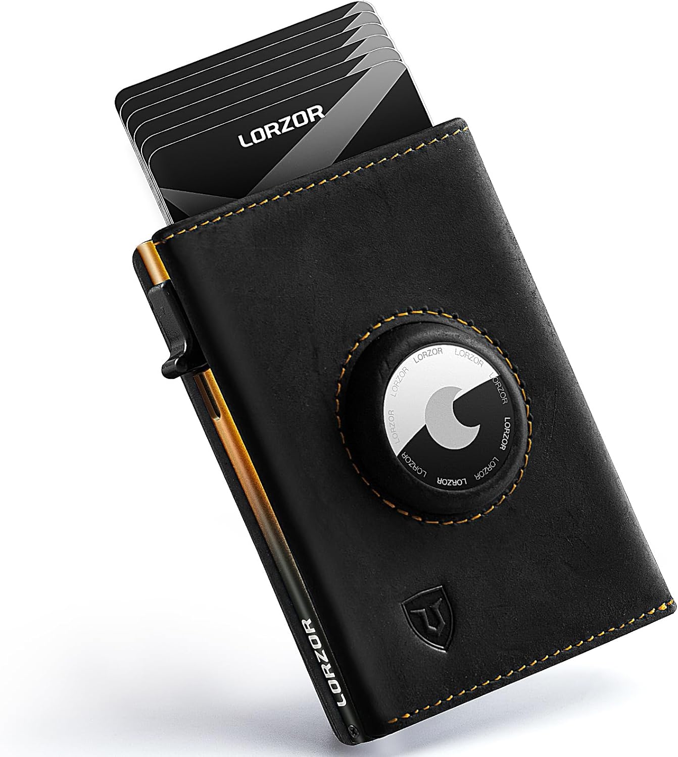 Product image of LORZOR AirTag Wallet - Full Grain Leather, Mens Minimalist Wallet with Apple Air Tag Holder, Slim Smart Pop up Card Case, ID Window, RFID Blocking, Front Pocket (AirTag Not Included)