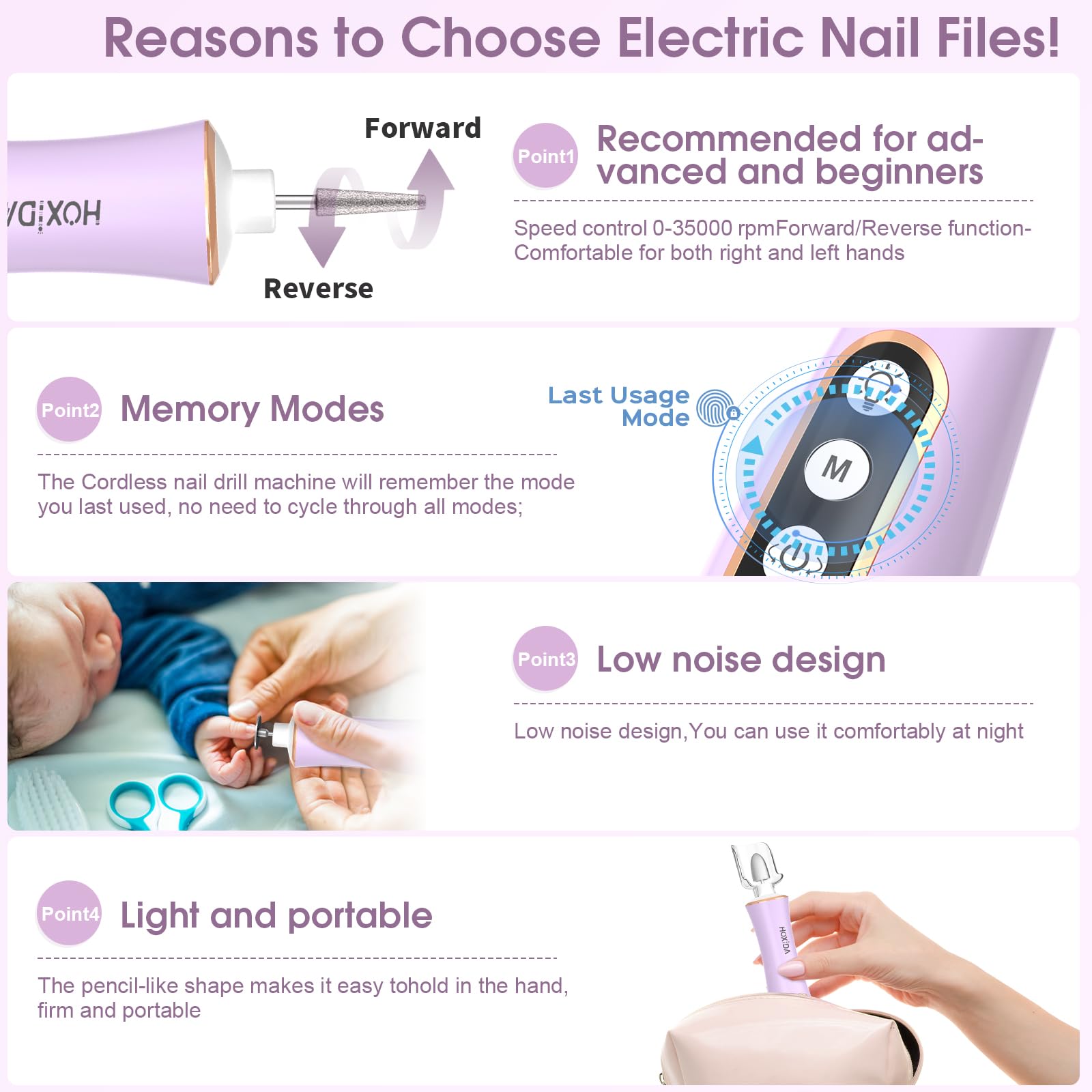 Kit professionale per manicure e pedicure con luce LED a 360°, 10 velocità e modalità memoria, trapano elettrico senza fili, strumenti per pedicure per piedi, lima per unghie per unghie spesse e