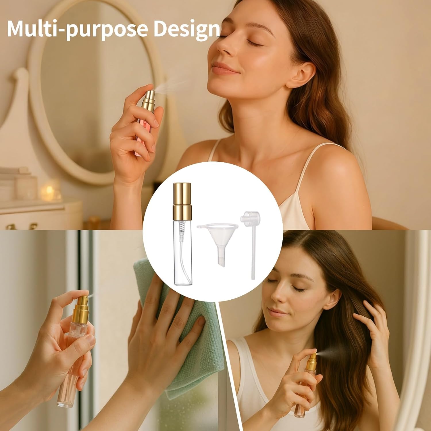 Lnrueg 100 Pcs 5 ml Mini Spray Bottles - 0.17 oz Refillable Glass Perfume Bottles, Portable Travel Sample Containers with Caps, Fine Mist Atomizers with 4 Funnels and 4 Dispensers, Gold