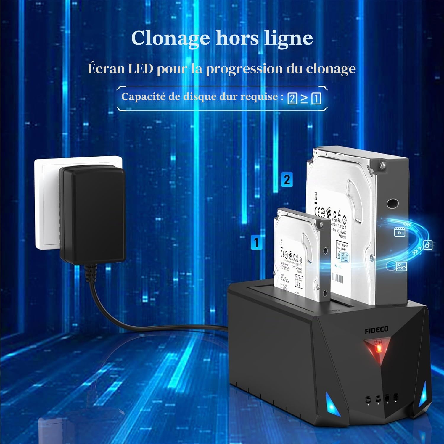 FIDECO Station d'accueil pour Disque Dur, USB 3.2 Gen 1 HDD Docking Station 2,5"/3,5" SATA HDD SSD avec câble USB A vers C et câble USB C vers C, Prend en Charge Clone Hors Ligne et UASP