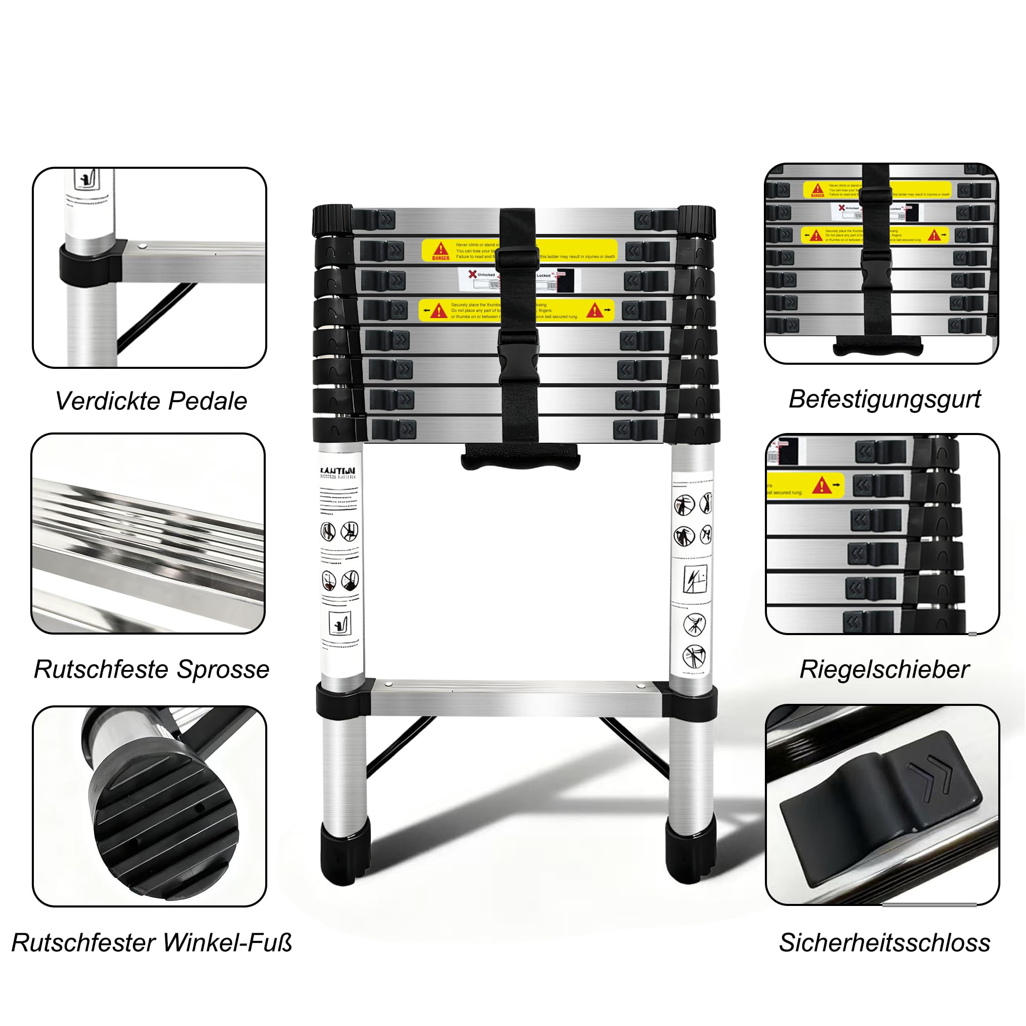 Escalera Telescópica de 2.6m,Escalera Plegable Acero Inoxidable,Escalera con Cierre de Seguridad con Patas Antideslizantes,Escalera Extensible,para Mantenimiento,Camping,DecoracióN MáXima 150 Kg