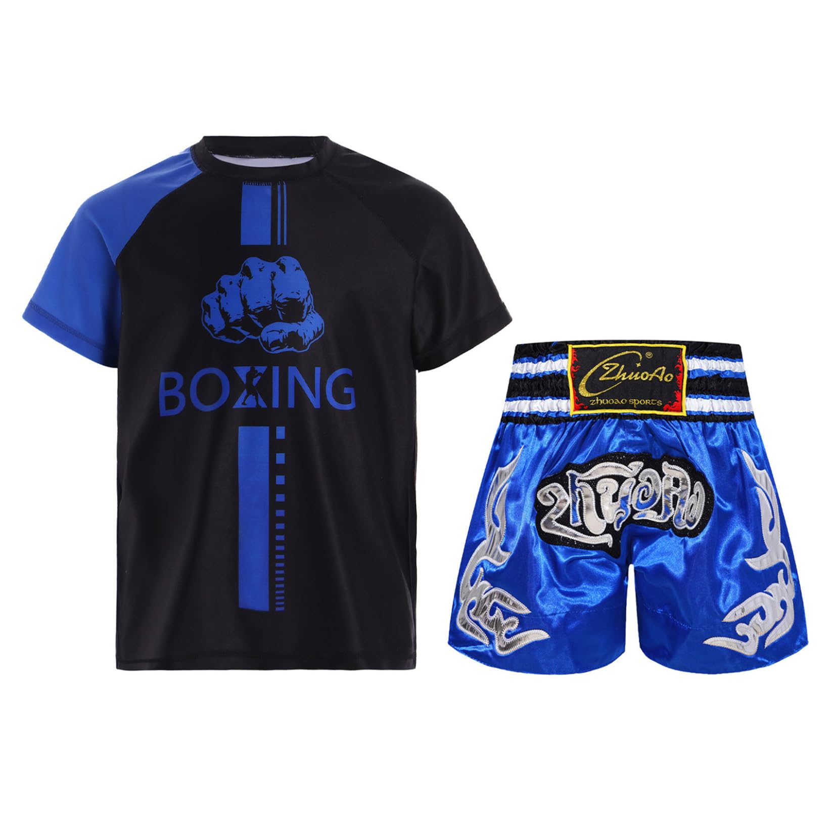 Runhomal Enfant Garçons Short de Boxe MMA Kickboxing Combat Arts Martiaux Entraînement Compétition Ensemble de Sport 5-16 Ans
