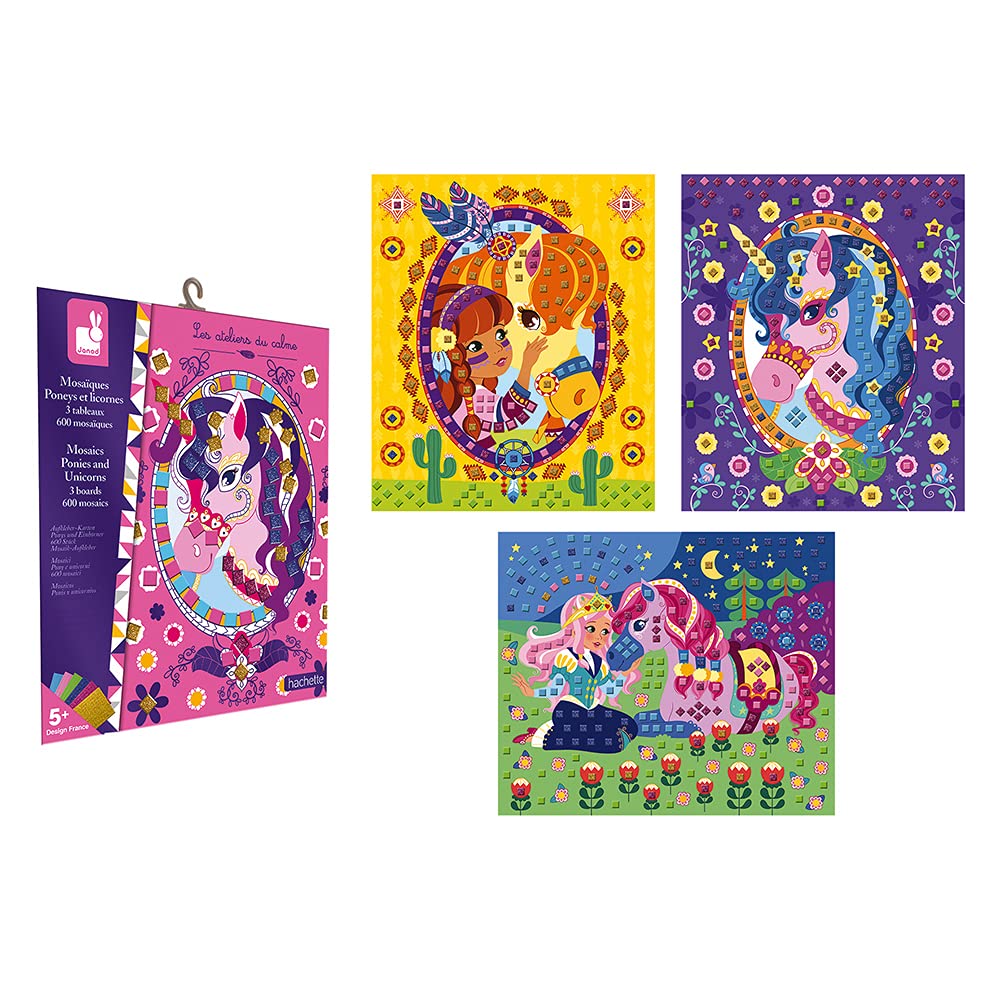 Janod - Set Creativo Mosaici in Gommapiuma Poneys e Unicorni - Les Ateliers du Calme - Abilità Motorie Fini e Apprendimento della Concentrazione - dai 5 Anni in su, J07957