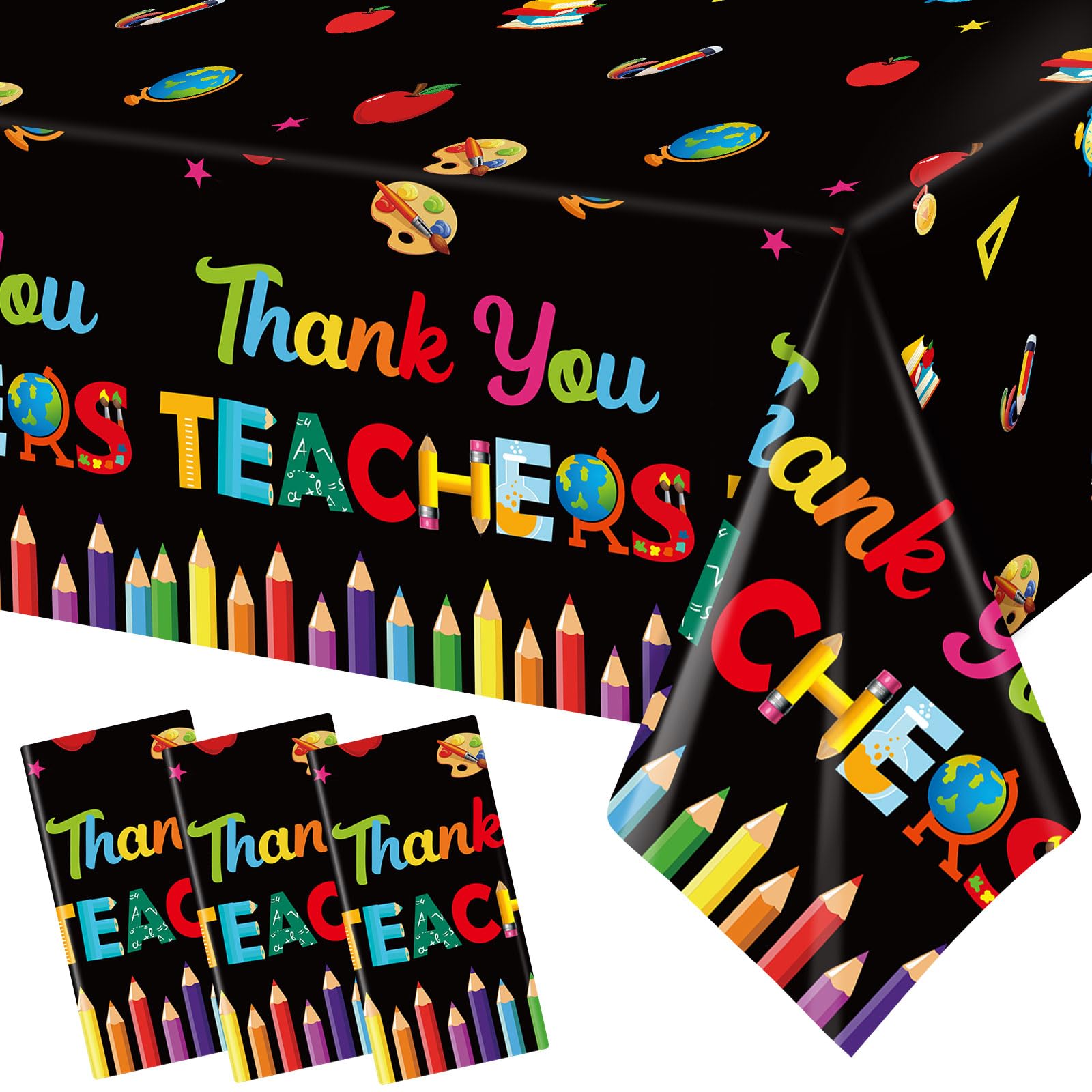 Teacher Appreciation Table Covers - 3 Pack 54x108 Inch Party Tablecloths For Classroom Graduation