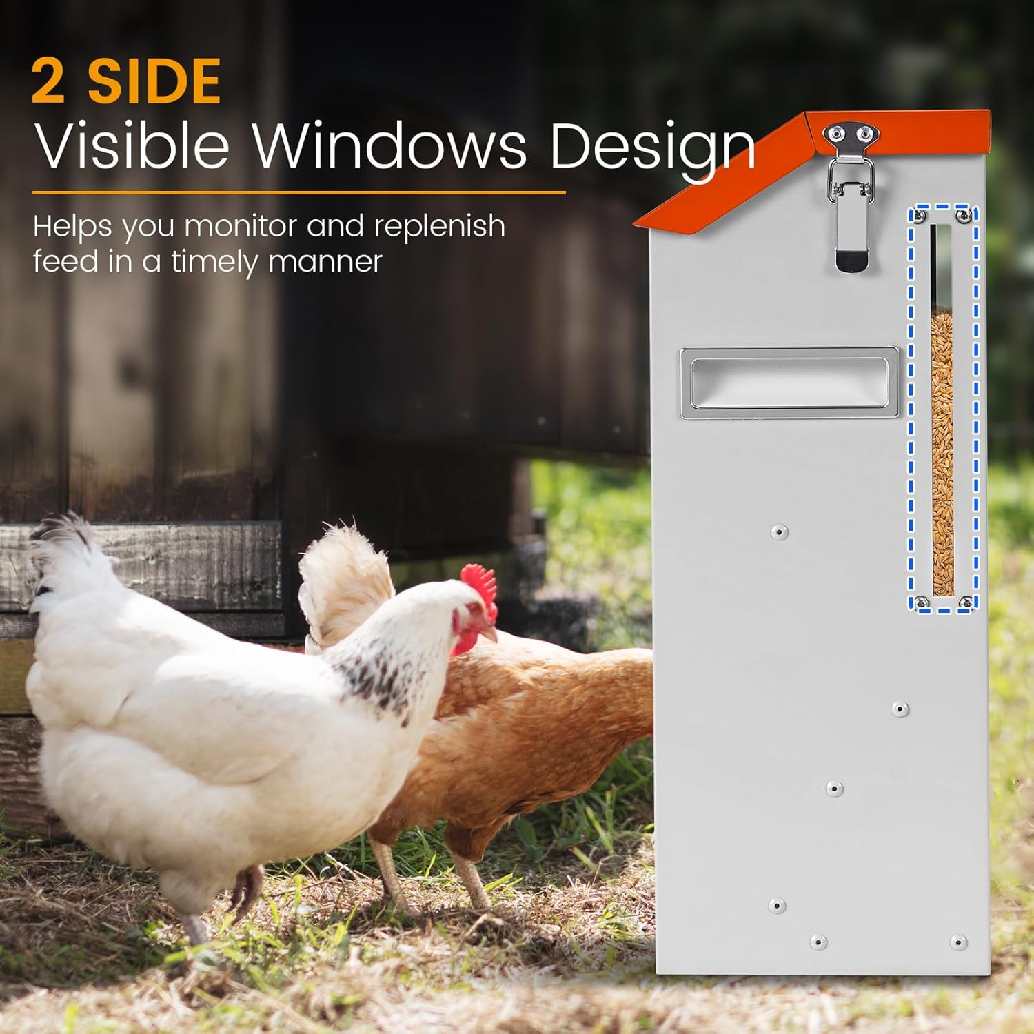 20Lbs Automatic Chicken Feeder Large Poultry Feeders No Waste Outdoors Metal Hanging Chicken Feeder Trough Dispenser with Lid and Visual Window for Chicken Poultry Turkey Duck