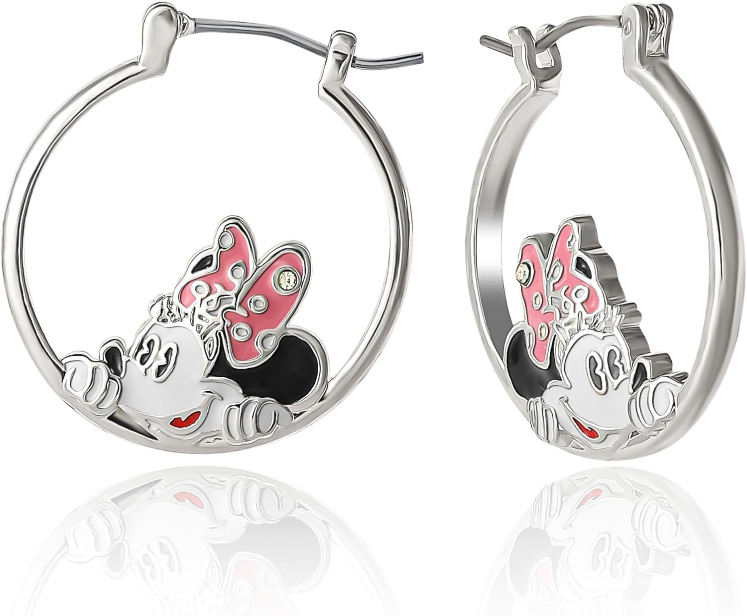 Minnie Mouse Earrings for Women Official License - Silver Flash-Plated Brass Minnie Head Hoop Earrings with Crystal Accent