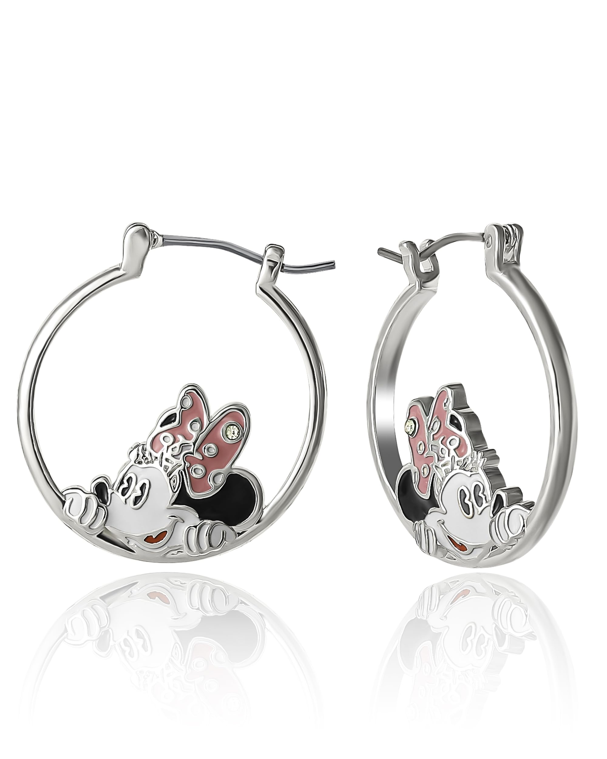 Minnie Mouse Earrings for Women Official License - Silver Flash-Plated Brass Minnie Head Hoop Earrings with Crystal Accent