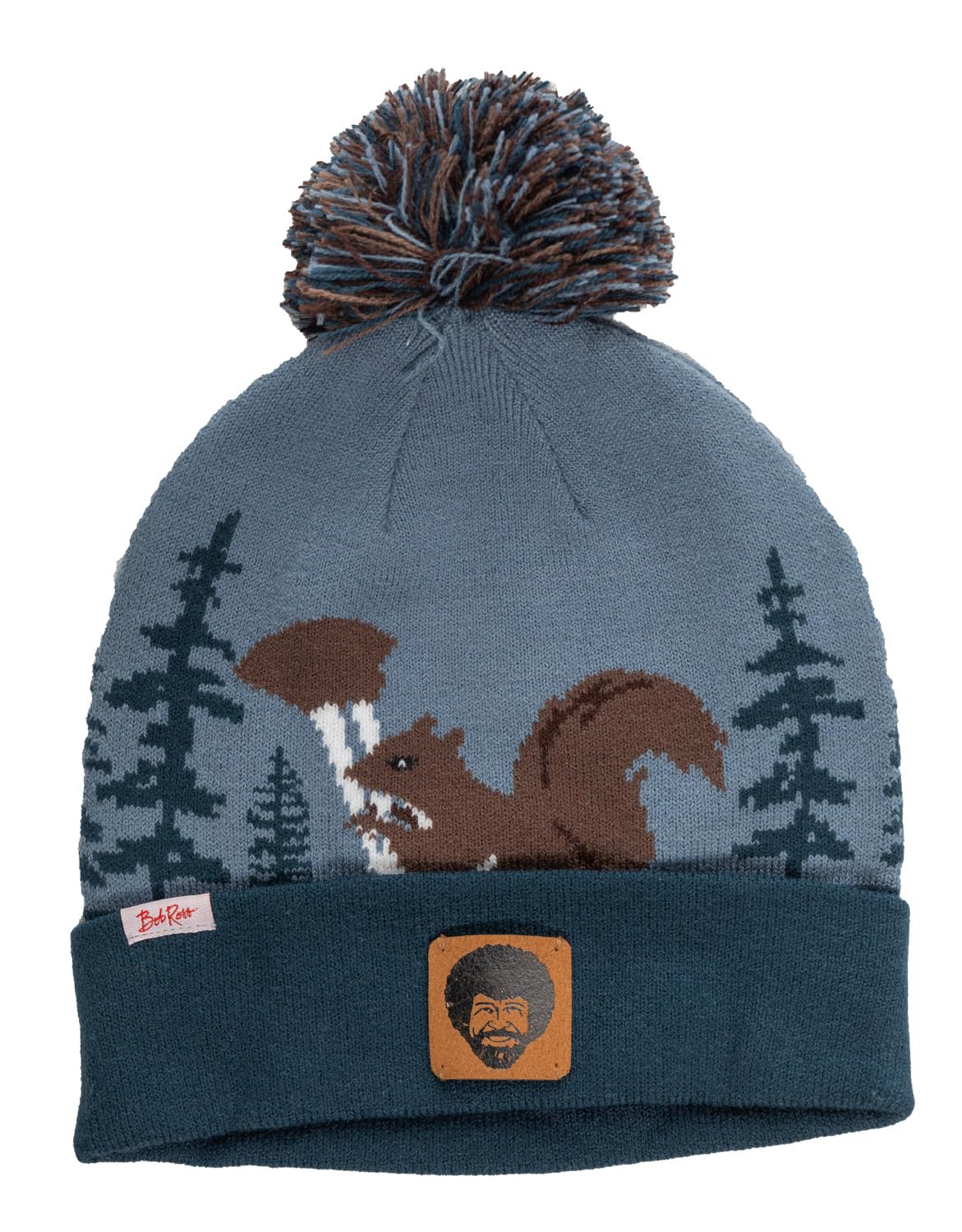 Officially Licensed Bob Ross and Peapod The Squirrel Jacquard Knit Roll Up Beanie