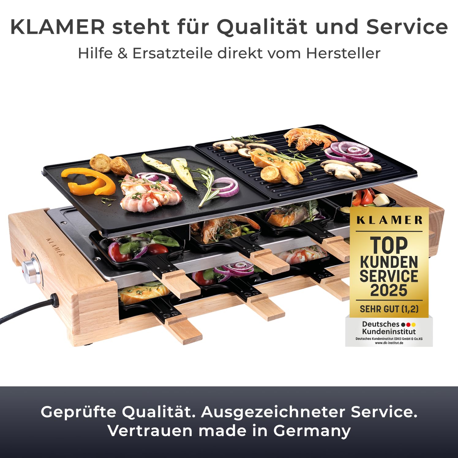KLAMER Raclette Grill 8 Personen 1500 W mit Holzgestell & Parkdeck, Alu-Druckguss-Grillplatte antihaft, stufenlos regelbar, ILAG Beschichtung, Test „Sehr gut (1,4)“, deutsche Marke Berlin