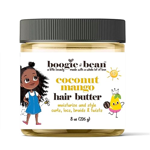 Crema o pomada para cabello grueso y rizado para niños con mechas, rizos, giros y trenzas, hecha con aceites naturales como mantequilla de coco y