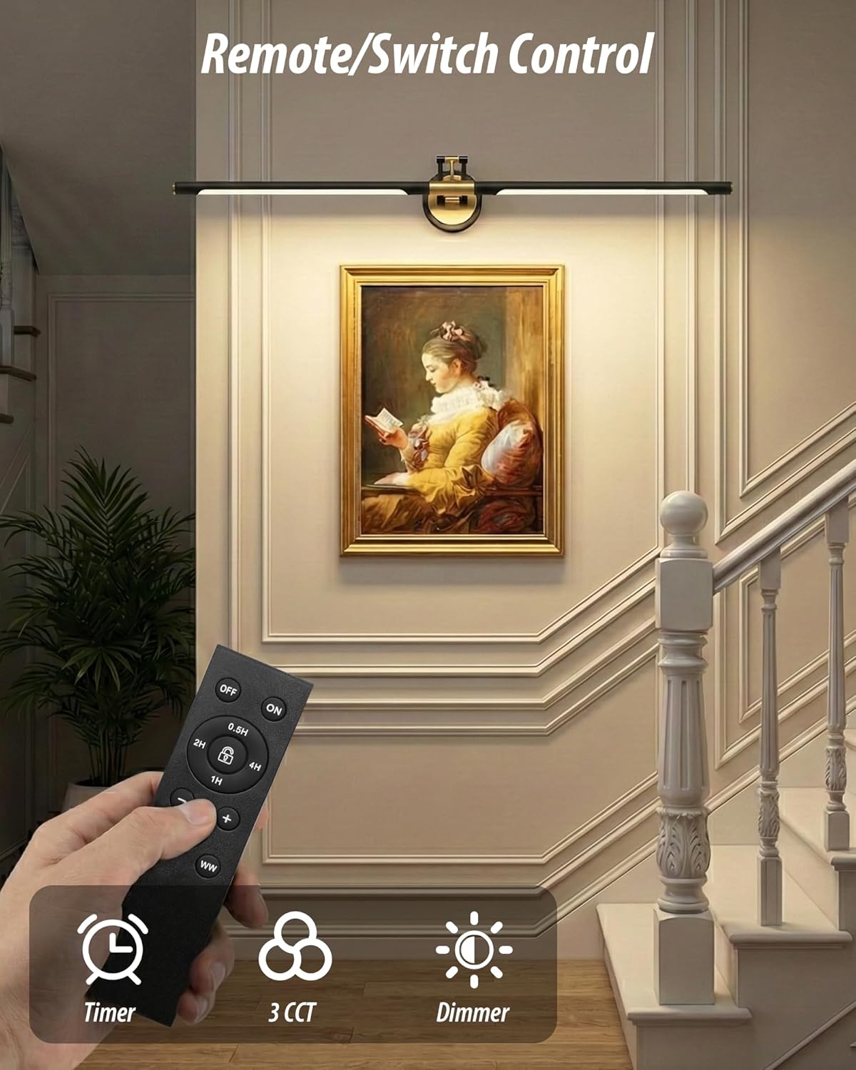 Picture Lights Battery Operated, 38inch 3CCT&Dimmable Picture Frame Light with Remote, 5200mAh Rechargeable Picture Light for Wall, Black and Gold