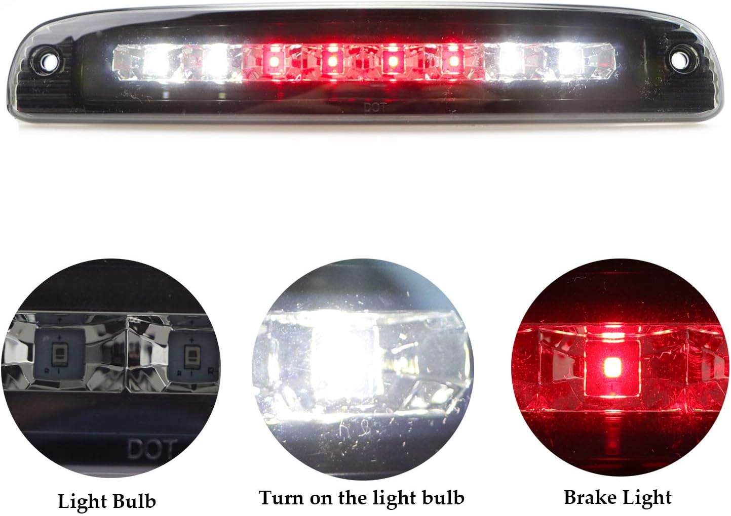 Tresound for 1997-2010 Dodge Dakota LED Bar 3rd Third Tail Brake Light Rear Cargo Lamp High Mount Stop light (Chrome Housing Smoke Lens)