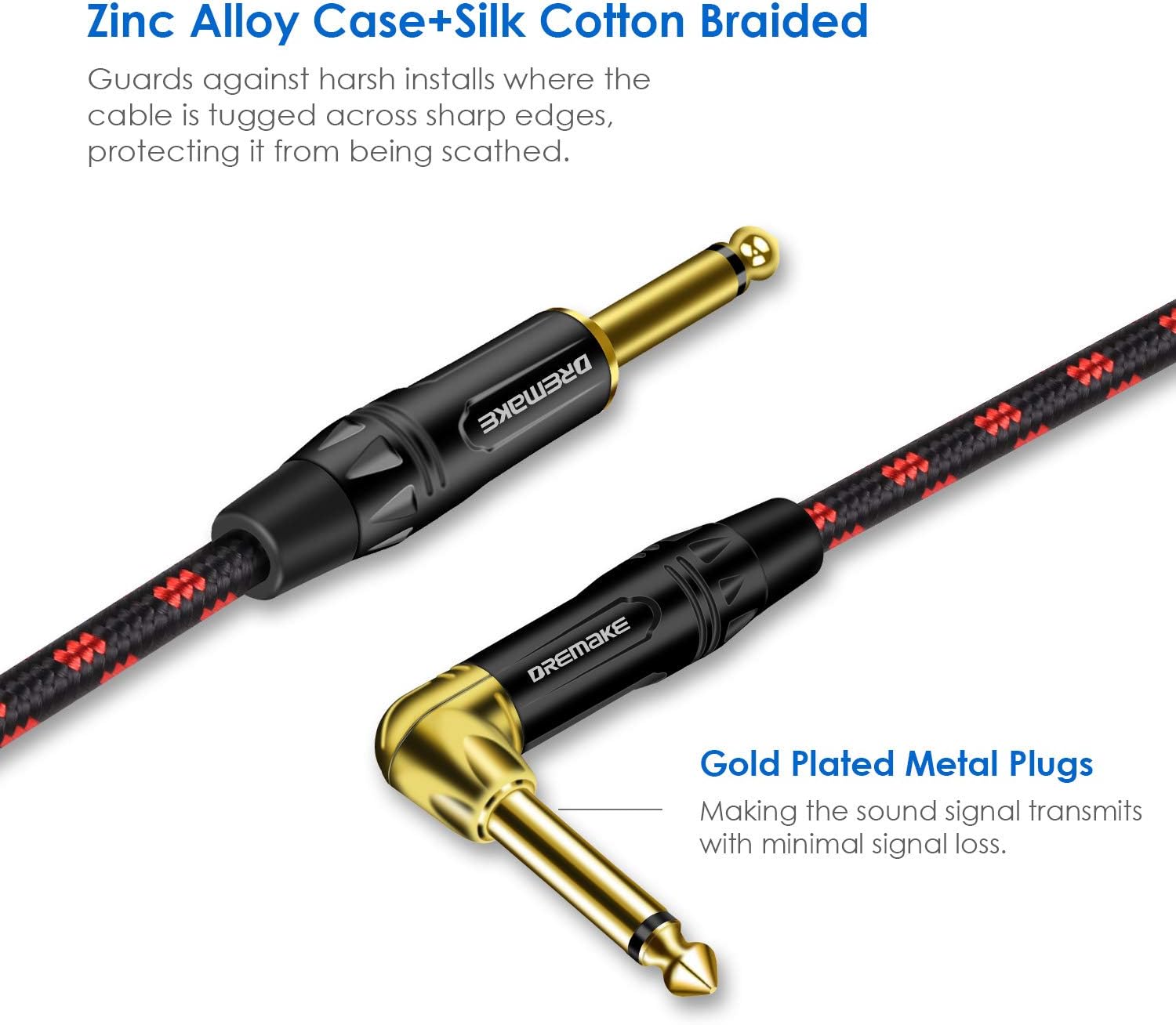 DREMAKE 3 Foot Professional Instrument Cable, Guitar Cable for Speaker Bass Keyboard 1/4" (6.3mm) Straight to Right Angle Inch Cable Black/Red Tweed