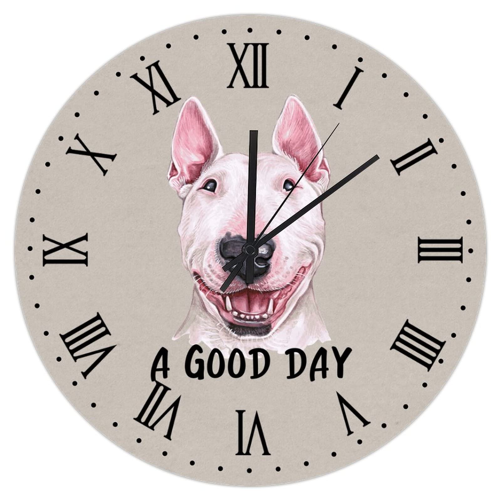 12 Inch A Good Day Wall Clock Bull Terrier Painted Dog Wooden Rustic Round Clock Wall Custom Pet Portrait Country Rustic Retro Wall Clock The Best Gift for Dog Lovers The Best Gift for Decor