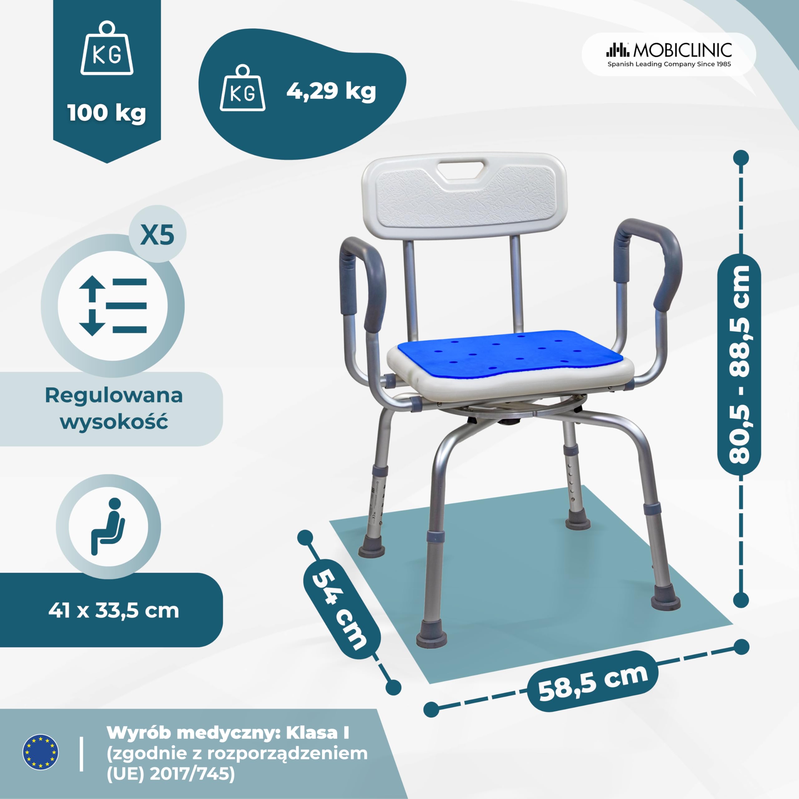Mobiclinic®, Krzesło do Wanny Obrotowe 360°, Podłokietniki i Oparcie, Regulowana Wysokość, Siedzisko z Podkładką EVA, Antypoślizgowe Nakładki, Aluminium, dla Seniorów, Ograniczona mobilność, Akila