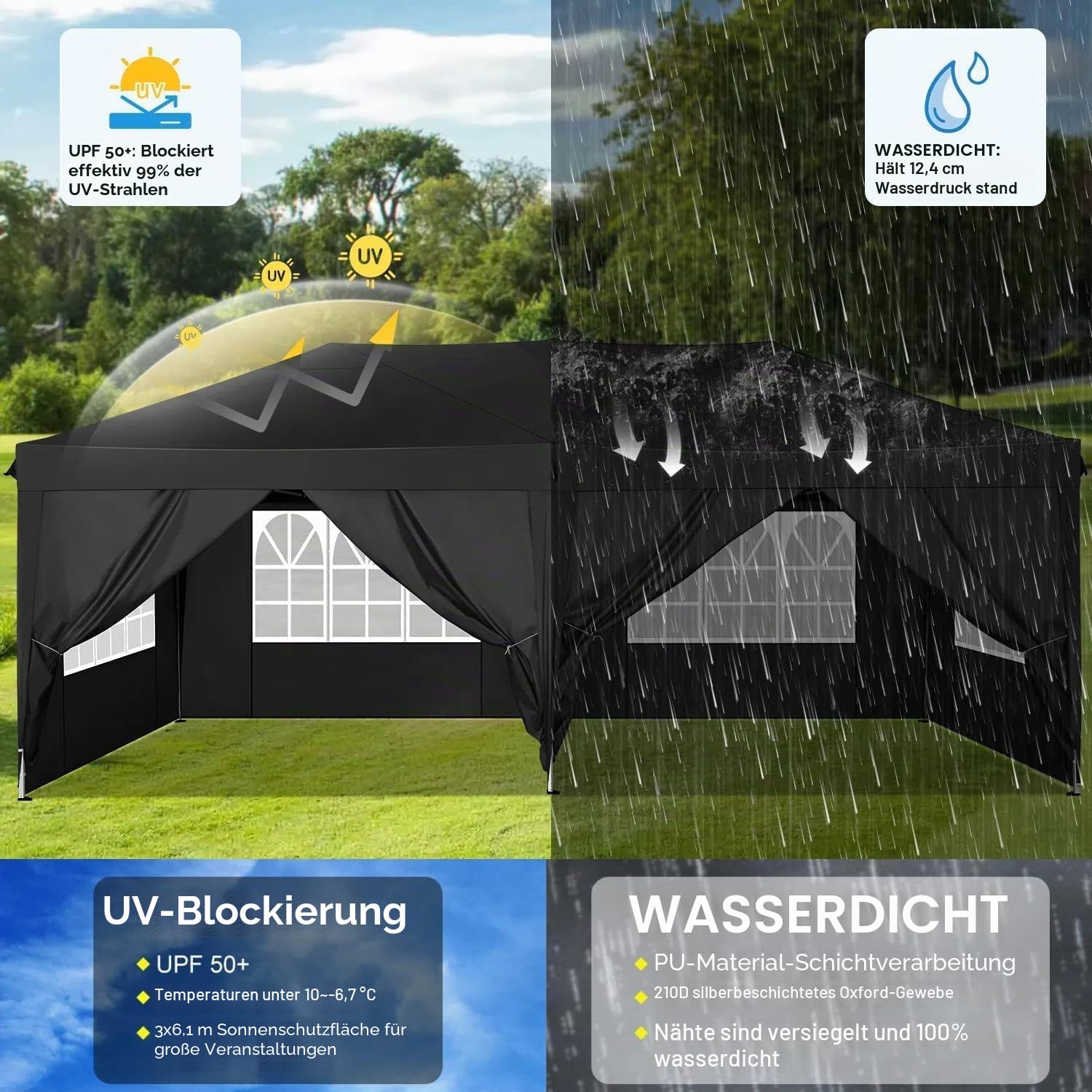 COBIZI Faltpavillon 3x6m Pavillon Wasserdicht Stabil Partyzelt Faltbar | 3 Höhen, Tente de réception d’extérieur avec 6 parois latérales anti-UV pour mariage, extérieur, jardin, fête et marché