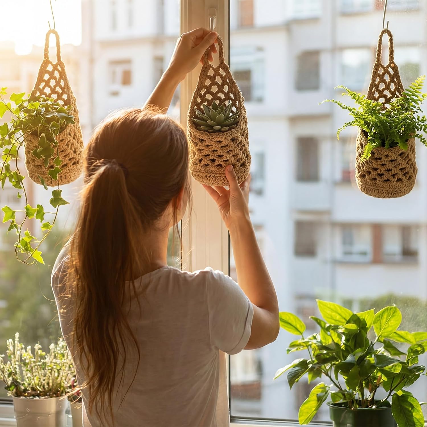 6 Pk Wall Planters for Indoor Macrame Plant Hanger Boho Wall Mounted Flower Baskets Hanging Planter, Plants and Pots are Not Included(Linen Color,6 x 11inch)