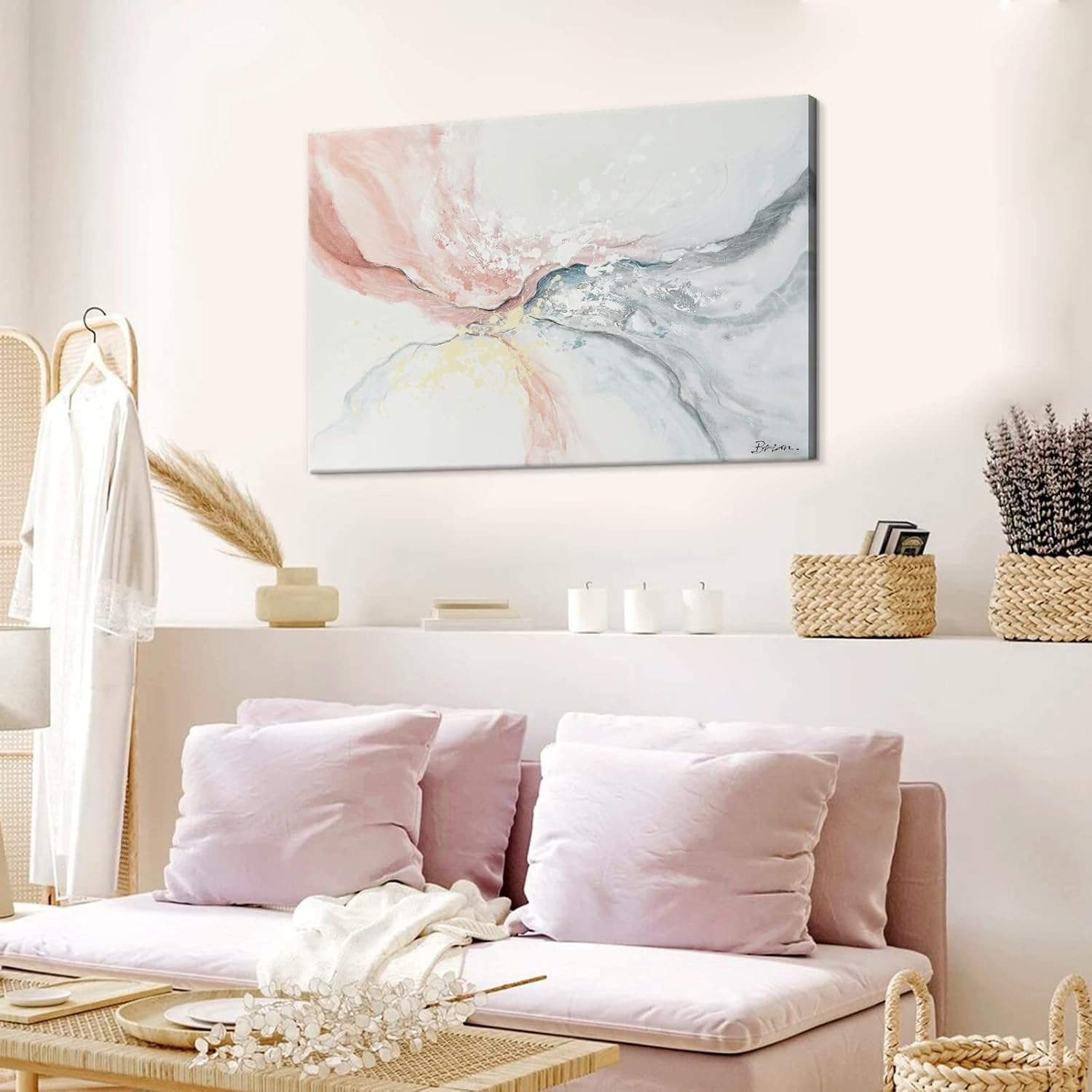 Pink Abstract Canvas Wall Art Blush Pink and Gray Hand Painted Oil Paintings Modern Water Flow Shape Artwork for Bedroom Living Room Kitchen Office Decoration 36" x 24"