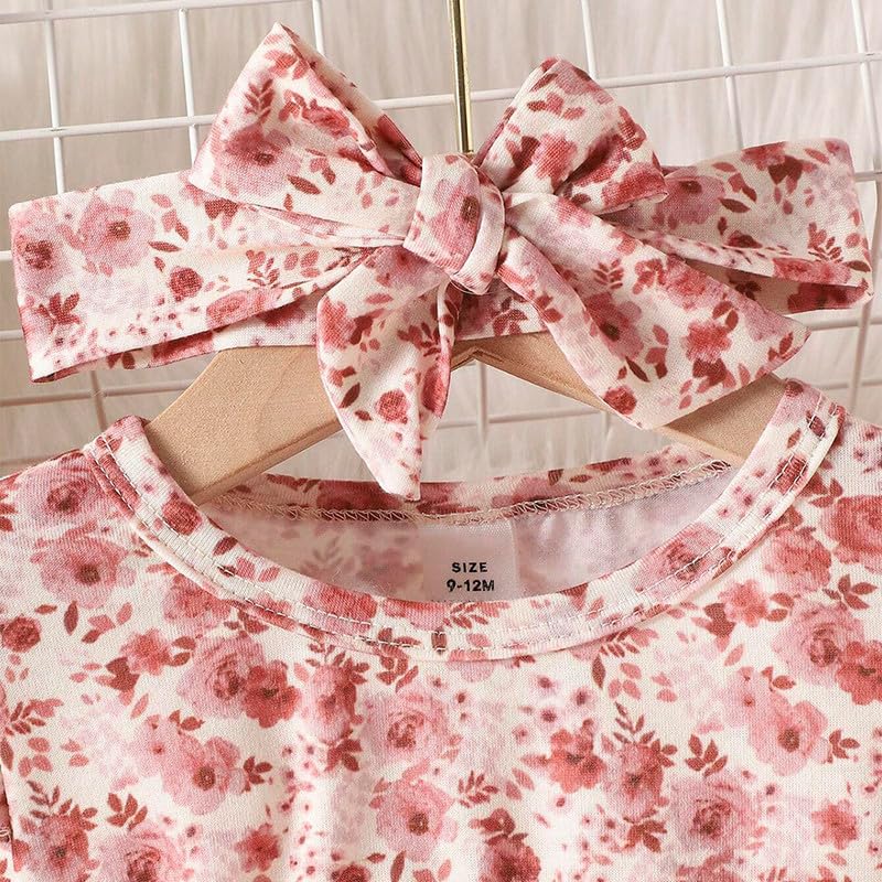 Image of Niren Enterprise Long Sleeve Printed Flower Belted Round Neck Baby Girl Frock with Knee-Length and A-Line Style