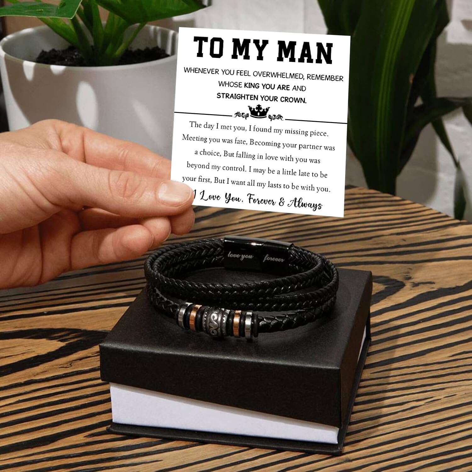 To My Man Promise Bracelet – Leather Cross Bracelet for Him – Romantic Gift for Boyfriend Husband – Anniversary, Birthday, Valentine’s Day Gift – Love Message Card Jewelry for Men