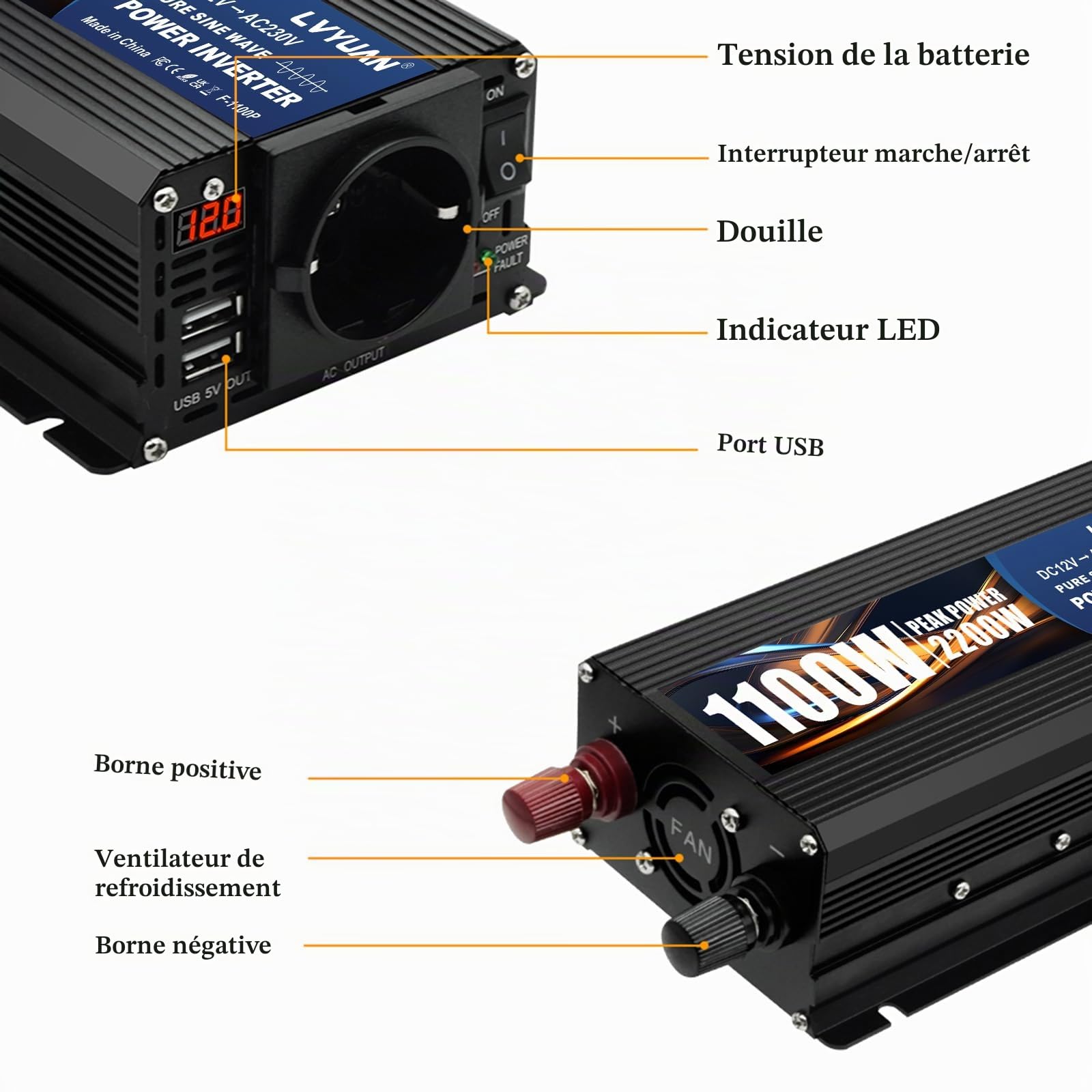 LVYUAN 1100W Convertisseur 12V à 220V Onduleur Inverter | 2200W peak Convertisseur de courant à onde sinusoïdale pure avec écran LED, prise UE et 2 ports USB