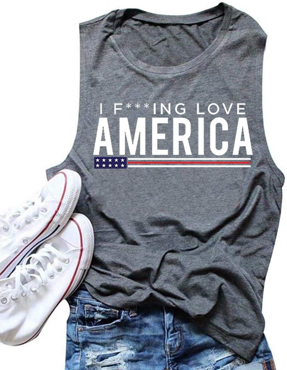 I F*** Love America Tank Tops Women USA Flag Graphic T-Shirts 4th of July Funny Patriotic Sleeveless Shirt Vest Tee