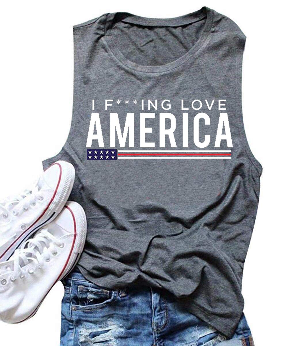 I F*** Love America Tank Tops Women USA Flag Graphic T-Shirts 4th of July Funny Patriotic Sleeveless Shirt Vest Tee