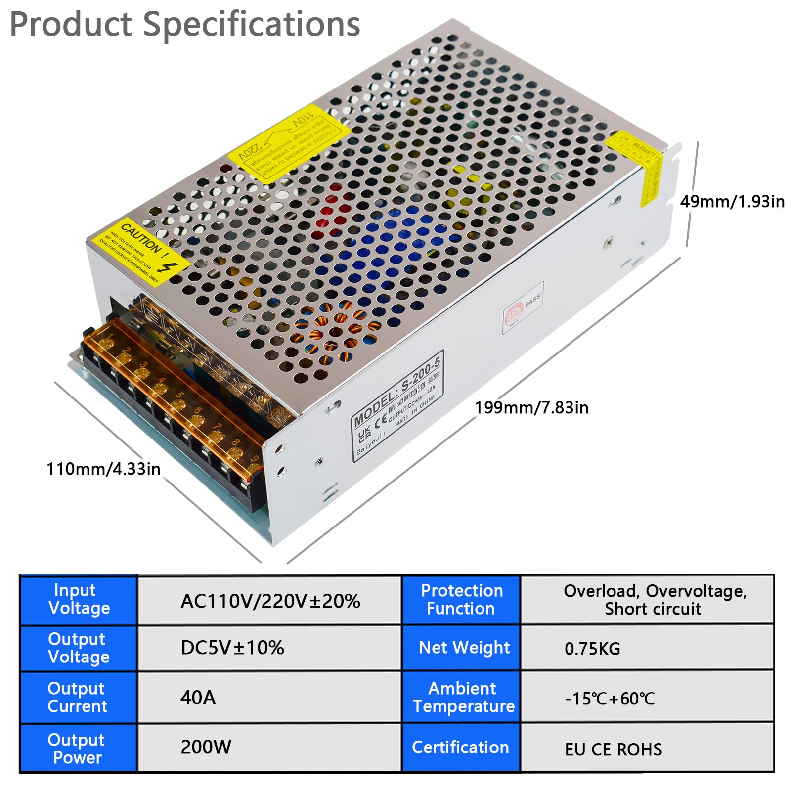 Fuente de Alimentación Conmutada 5V 40A 200W, Transformador AC 110/220V a DC 5V, Convertidor para Pantalla LED, Automatización Industrial y Monitorización