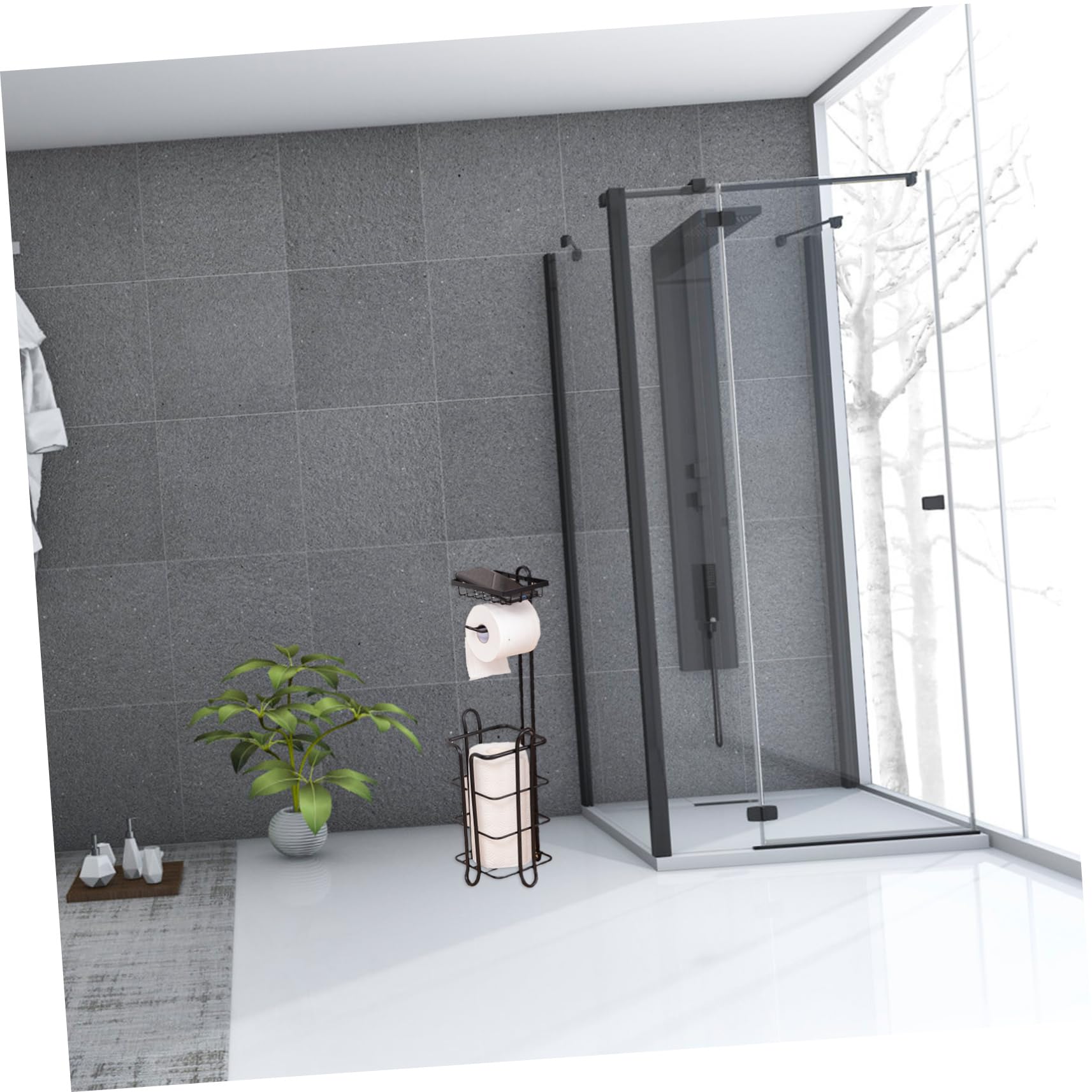 Piantana Portarotolo in Ferro Nero, Struttura Verticale Stabile e Resistente All’usura, per Bagno e Casa, 2 Livelli di Grande Capacità