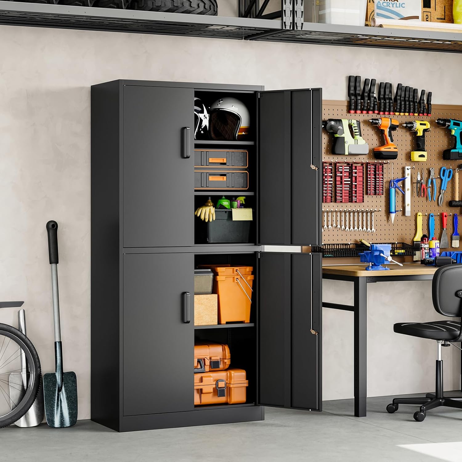 Yizosh Metal Storage Locking Cabinet with 4 Doors and 2 Adjustable Shelves,71" Lockable Garage Tall Steel Cabinet,for Home Office,Living Room,Pantry,Gym,Commercial Storage (Black)