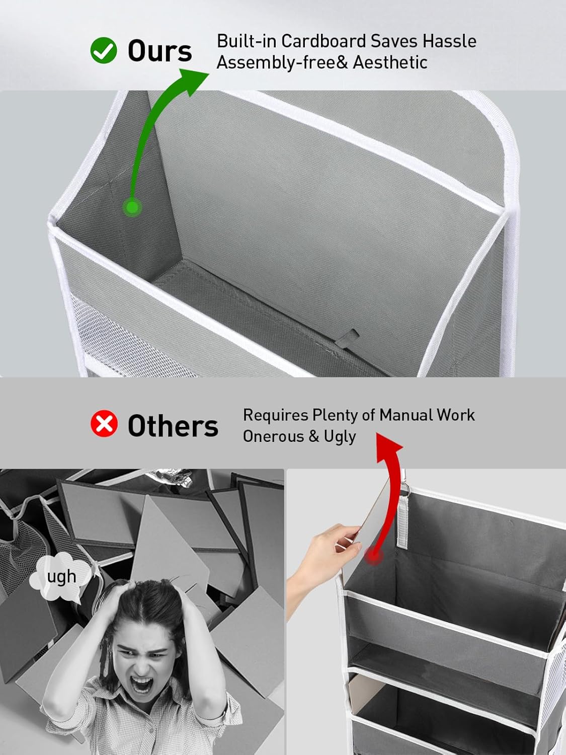 Yecaye 1 Pc Over the Door Organizer with 5 Bins 10 Side Pockets, 44lbs Load Hanging Bathroom and Bedroom Organizer, behind the Door Hanging Organizers for Nursery Newborn Baby Essential Stuff Grey - Image 7