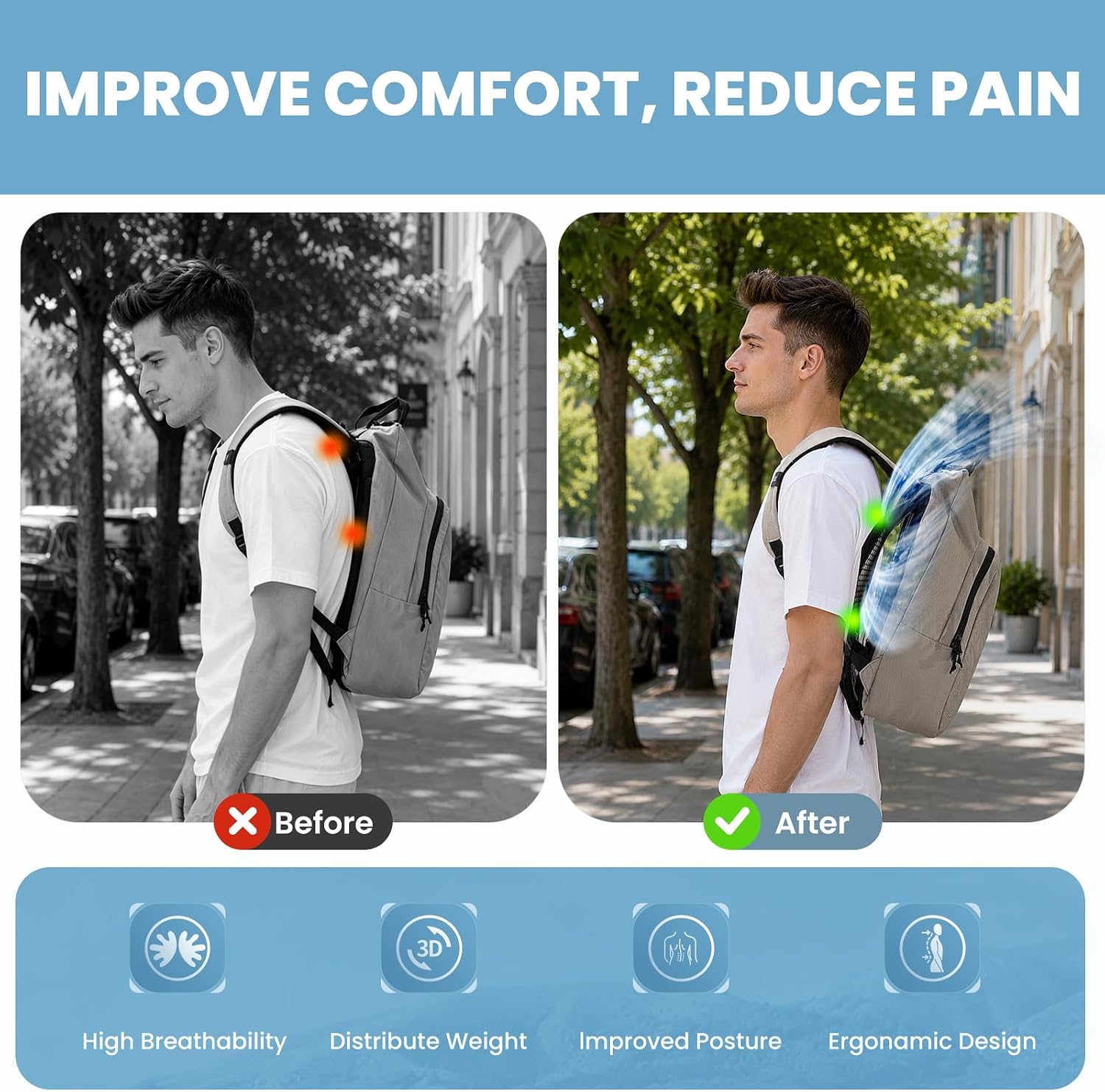 Lightweight Ventilation Backpack Spacer | Mesh Backpack Frame for Hiking, Biking, Commuting, Improve Airflow with Large Breathable Mesh & Adjustable Straps
