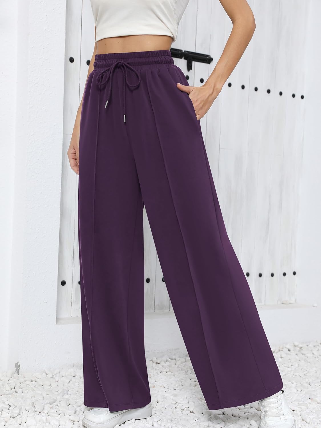 Missufe Women's Elastic High Waist Wide Leg Loose Casual Pants Joggers Workout Lounge Sweatpants with Pockets - Image 3