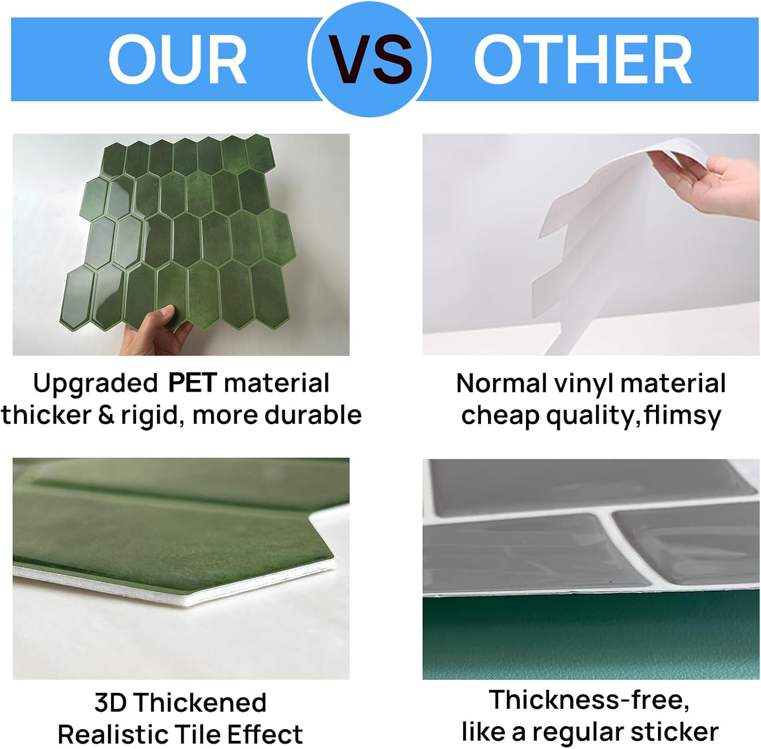 Peel and Stick Tile for Kitchen, Thicker Design 3D Self -Adhesive Long Hexagon Wall Tile Backsplash, Green 10-Sheet 12"x12" Stick on Tiles, Peel and Stick Wall Tiles for Kitchen