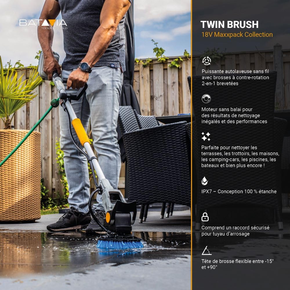 Batavia 18V Twin Brush – Brosse électrique sans Fil Brushless, Étanche IPX7 – Système de Brosses contrarotatives, Tête réglable – avec Batterie 2.0Ah et Chargeur - Plateforme de Batterie Maxxpack