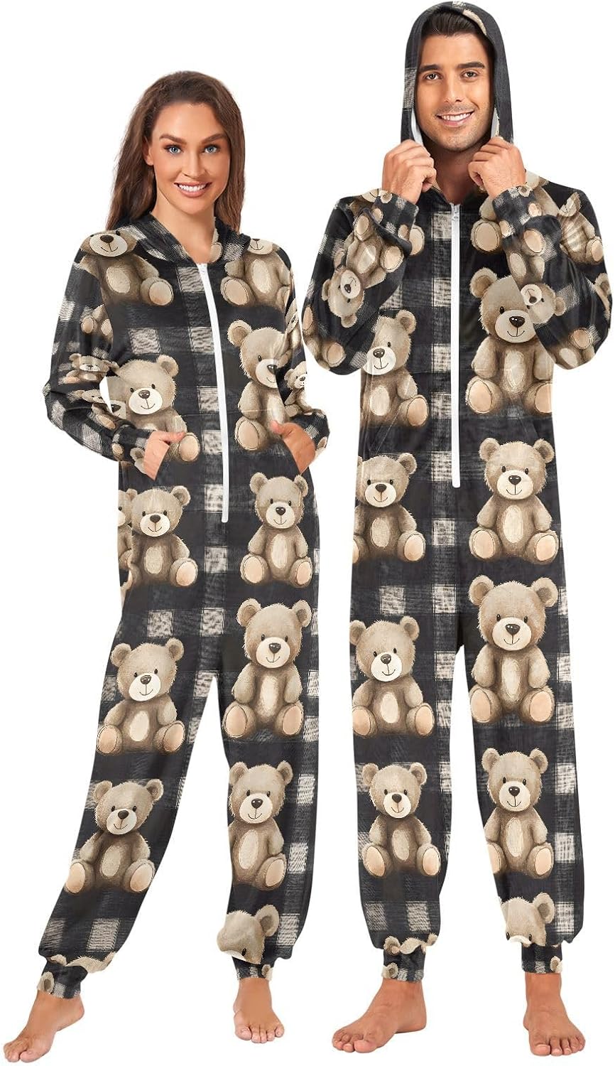 Bear Black Buffalo Plaid Adult Onesie Pajamas Novelty One Piece Costume Sleepwear Jumpsuits Matching PJS