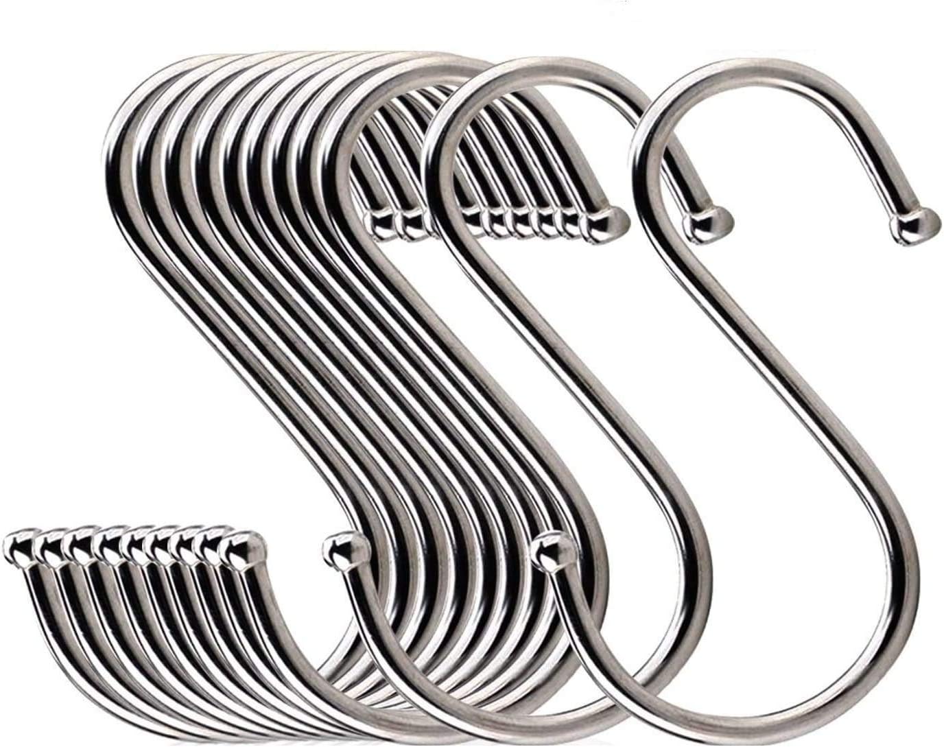 PolarHawk S Shaped Hooks，Heavy Duty S Hooks Rack Hangers，Hanging Hooks Hangers in Polished Stainless Steel Metal Fits Kitchen Pan Pots Utensils Clothes Bags Towels Plants, Silver,10 Pack