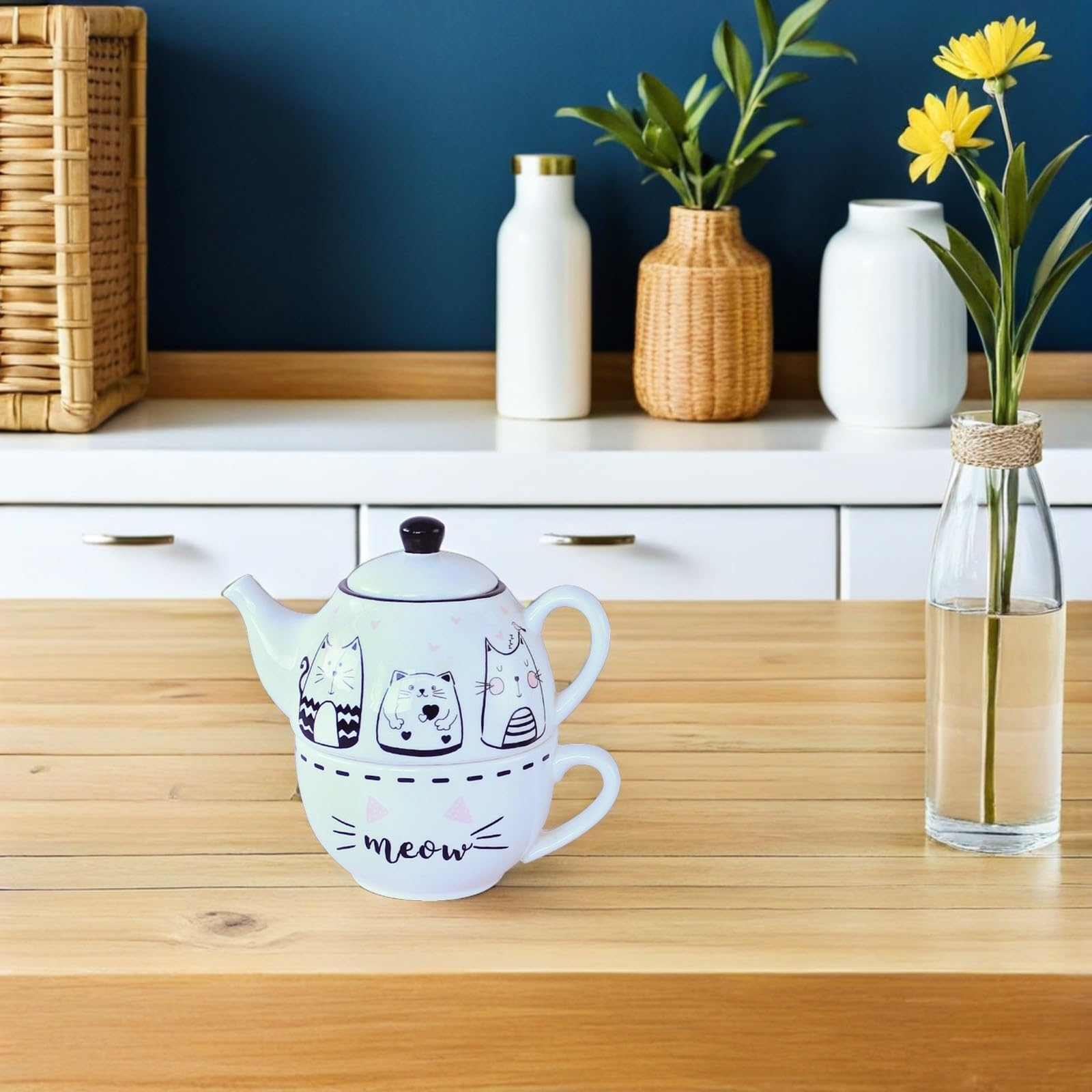 Didiseaon Juego de Té Diseño Original y Elegante de Cerámica Forma de Gato Blanco Tetera y Taza Decorativa para Uso Diario para Aficionados al Té