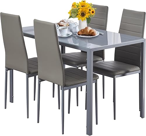 paonne Juego de mesa de comedor de cristal de 5 piezas con sillas, juego de mesa de comedor gris para 4, juego de mesa y sillas de cocina de