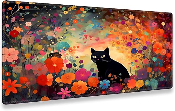 Flower Black cat Pattern Playmats for MTG TCG 28 x 16 inches Card Game Players and Anime Enthusiasts, Protects Cards Enhances Grip, Larger Gaming Area - Multipurpose Artistic Mat