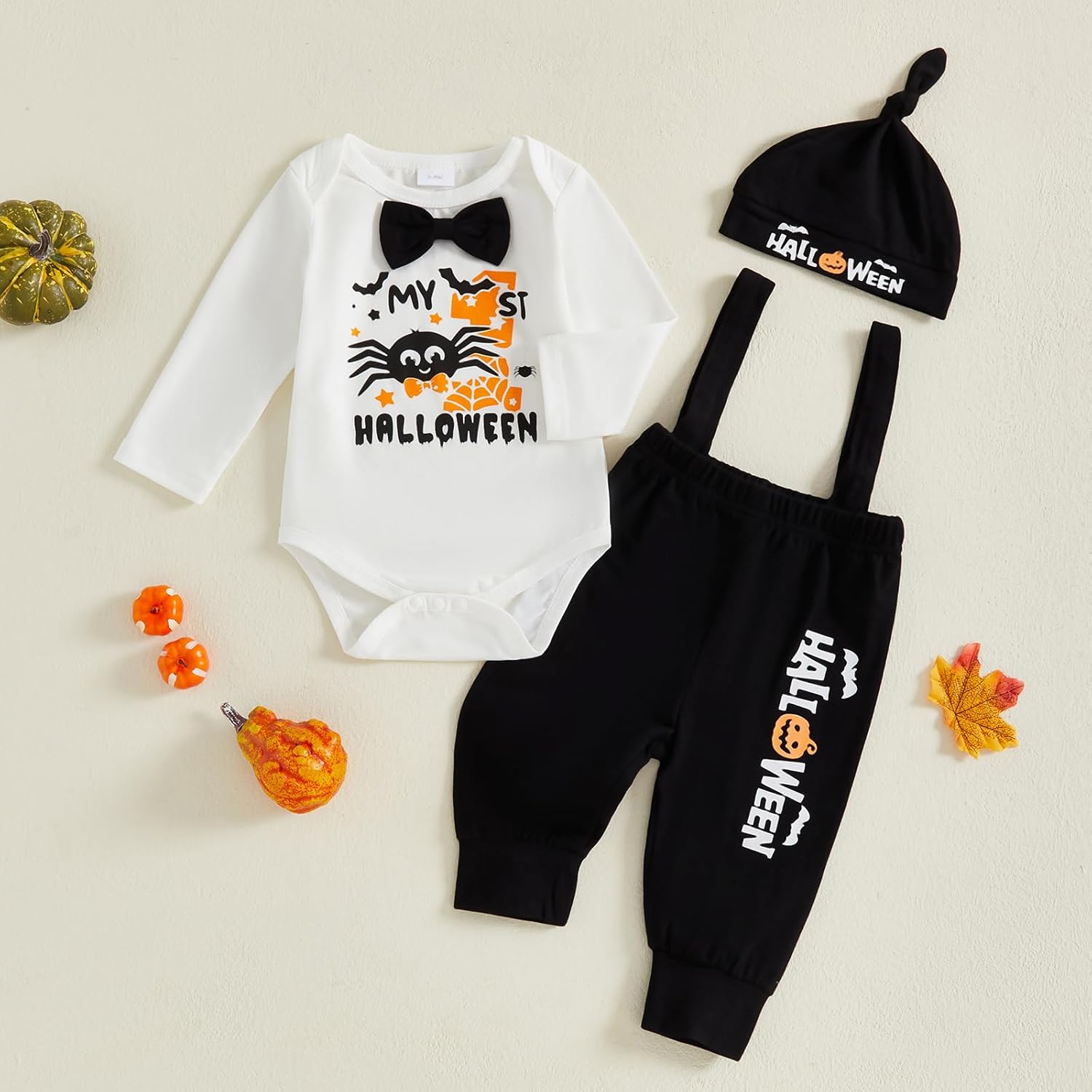 Karuedoo My 1st Halloween Baby Boy Outfit Long Sleeve Bowtie Romper Suspender Pants with Hat 3 Piece Fall Clothes Sets - Image 5