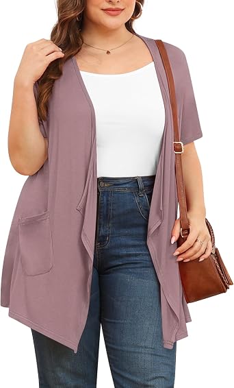 TIANZHU Womens Mauve Lightweight Rayon Spandex Cardigan, Open Front, Short Sleeve, XL