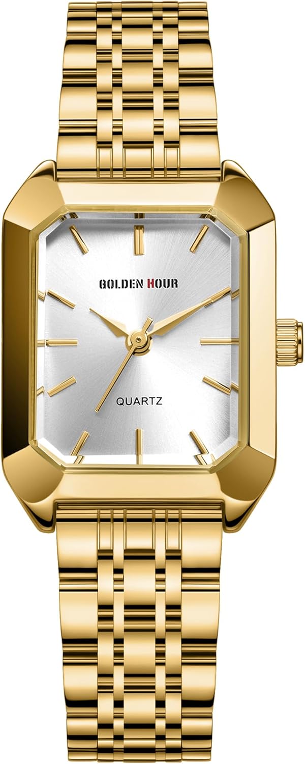 GOLDEN HOUR Women's Rectangular Quartz Watch, Gold Tone Stainless Steel Band