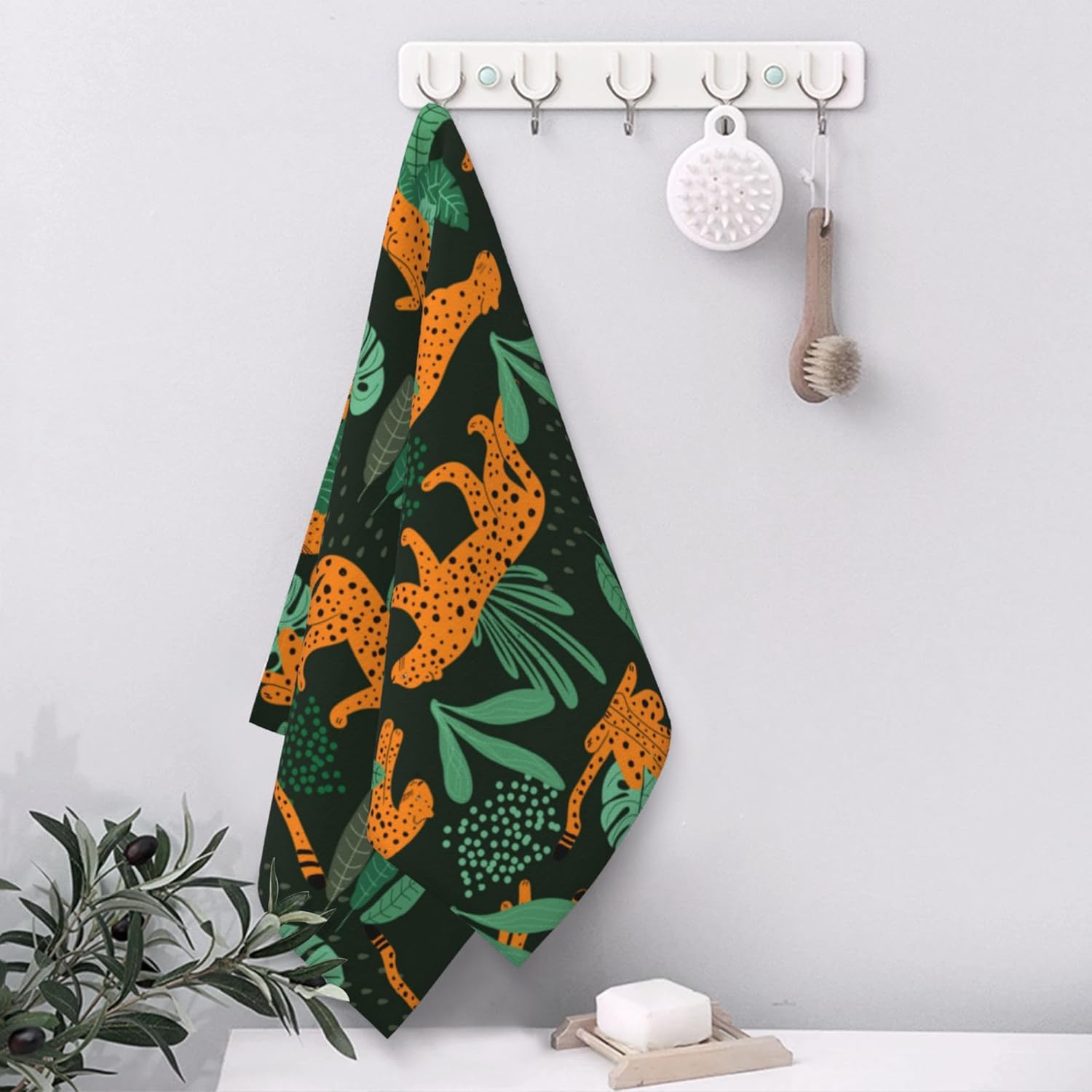 Cheetah Hand Towels Set of 2 for Bathroom - Tropical Leaves, Soft Absorbent Decorative for Kitchen, Sports, Gym, Yoga, Home Decor - 14 x 28 in - Image 5