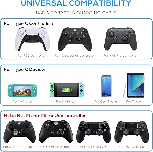 Miniatura 4 de Cable de carga de 16.4 pies para PS5para Xbox Series XSpara controlador Switch Pro, cable de carga USB de repuesto de nailon trenzado tipo C,
