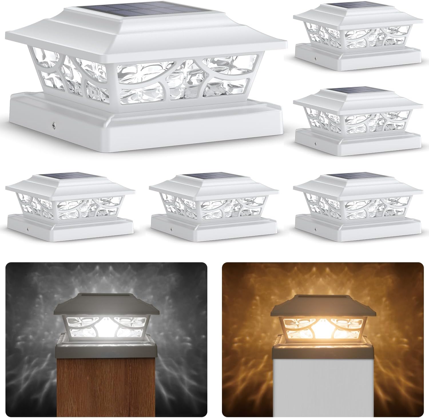 SIEDiNLAR Solar Post Lights Outdoor 4 Modes Deck Fence Post Cap Light for 4x4 5x5 6x6 Vinyl Wooden Posts Patio Garden Decor, Warm White & Cool White Dynamic Lighting White (6 Pack)