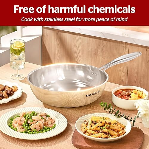 Miniatura 9 de Sunhouse Sartén de acero inoxidable de tres capas de 8 pulgadas, sin revestimientos, con mango que se mantiene fresco para cocinar, duradera y apta